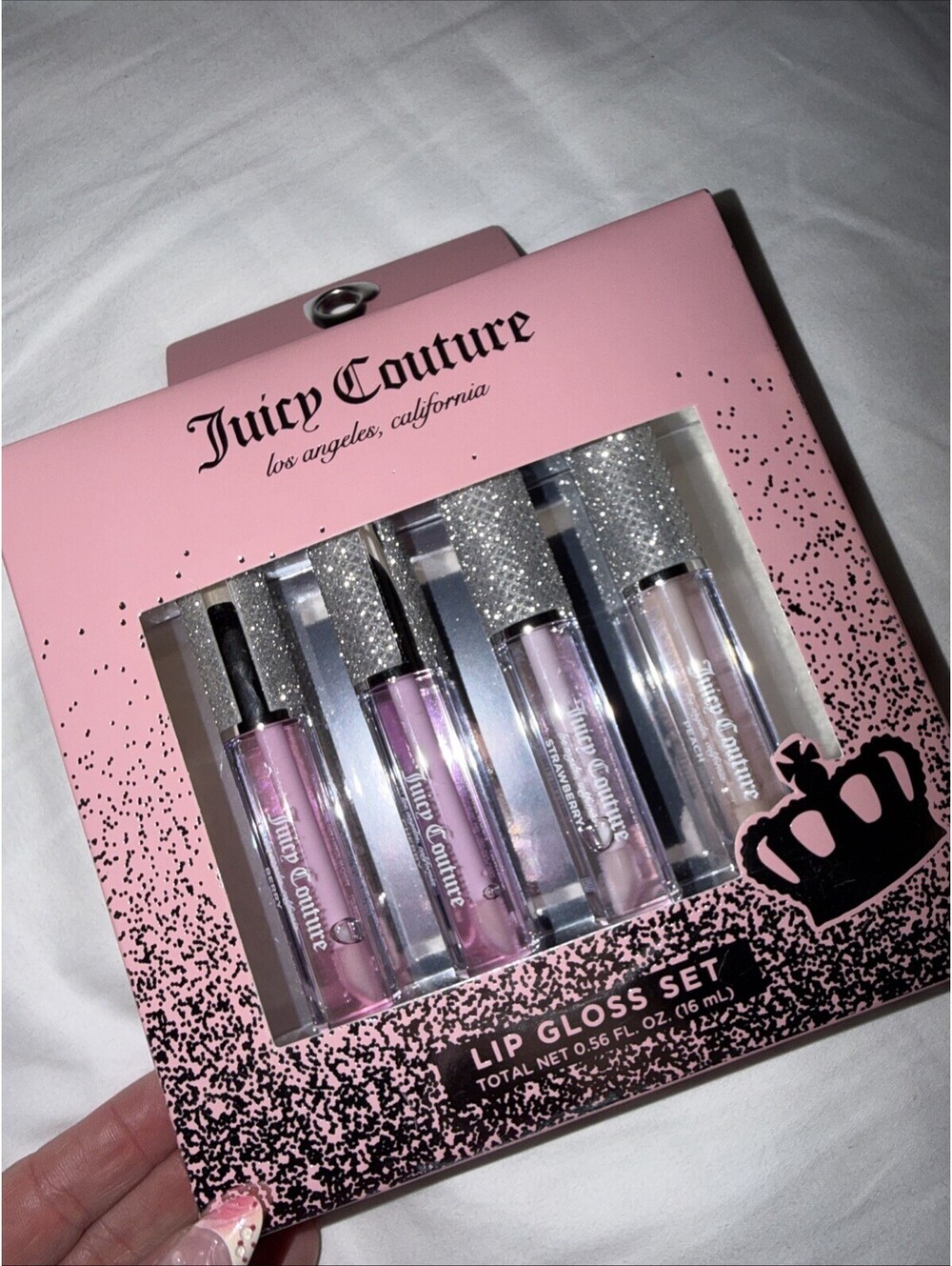 NEWJuicy Couture 4pc Lip Gloss Set Full Size Bling Top Peach Cherry Strawberry